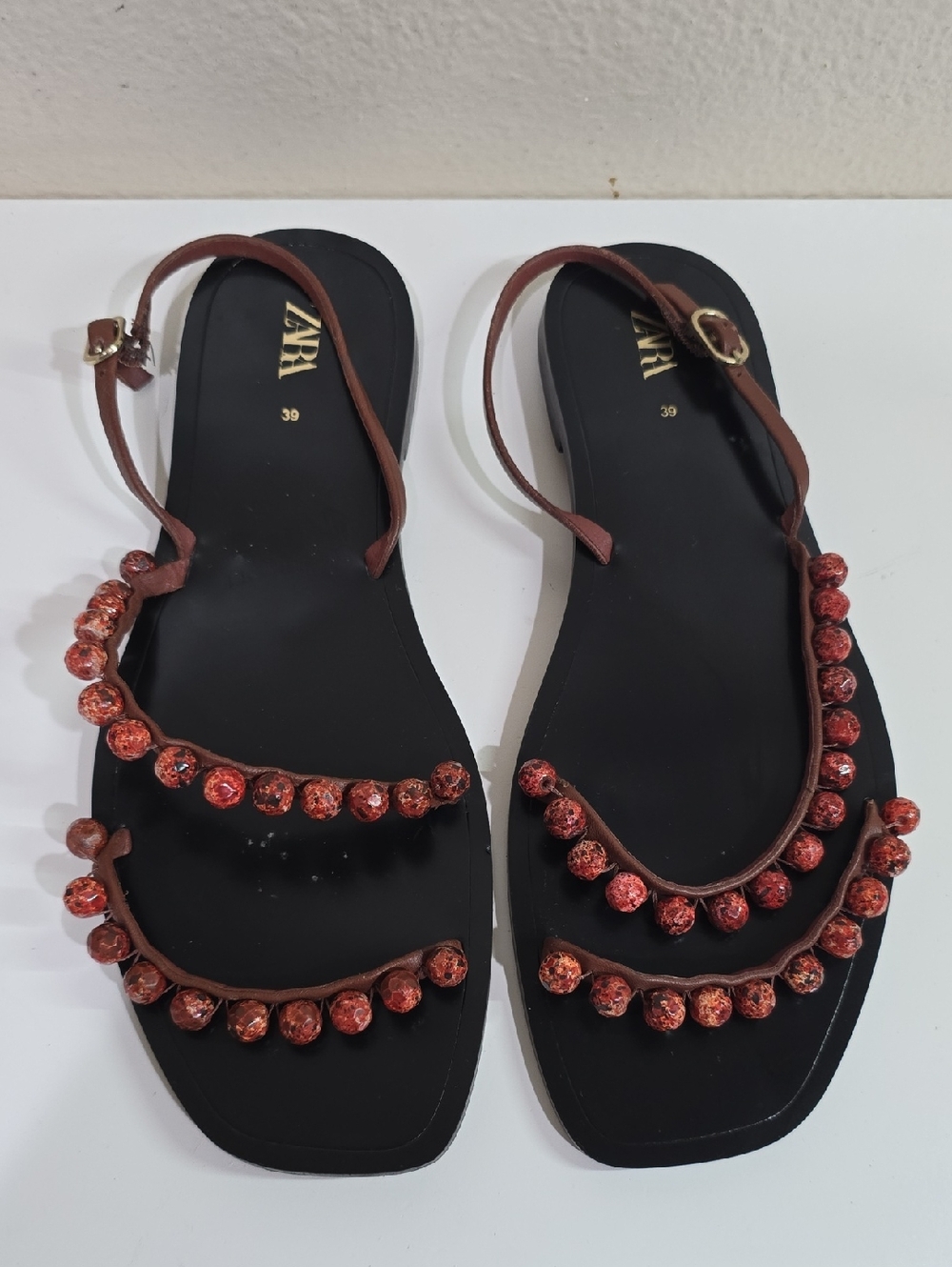 Zara Black Footbed Brown Beaded Strap Sandals
